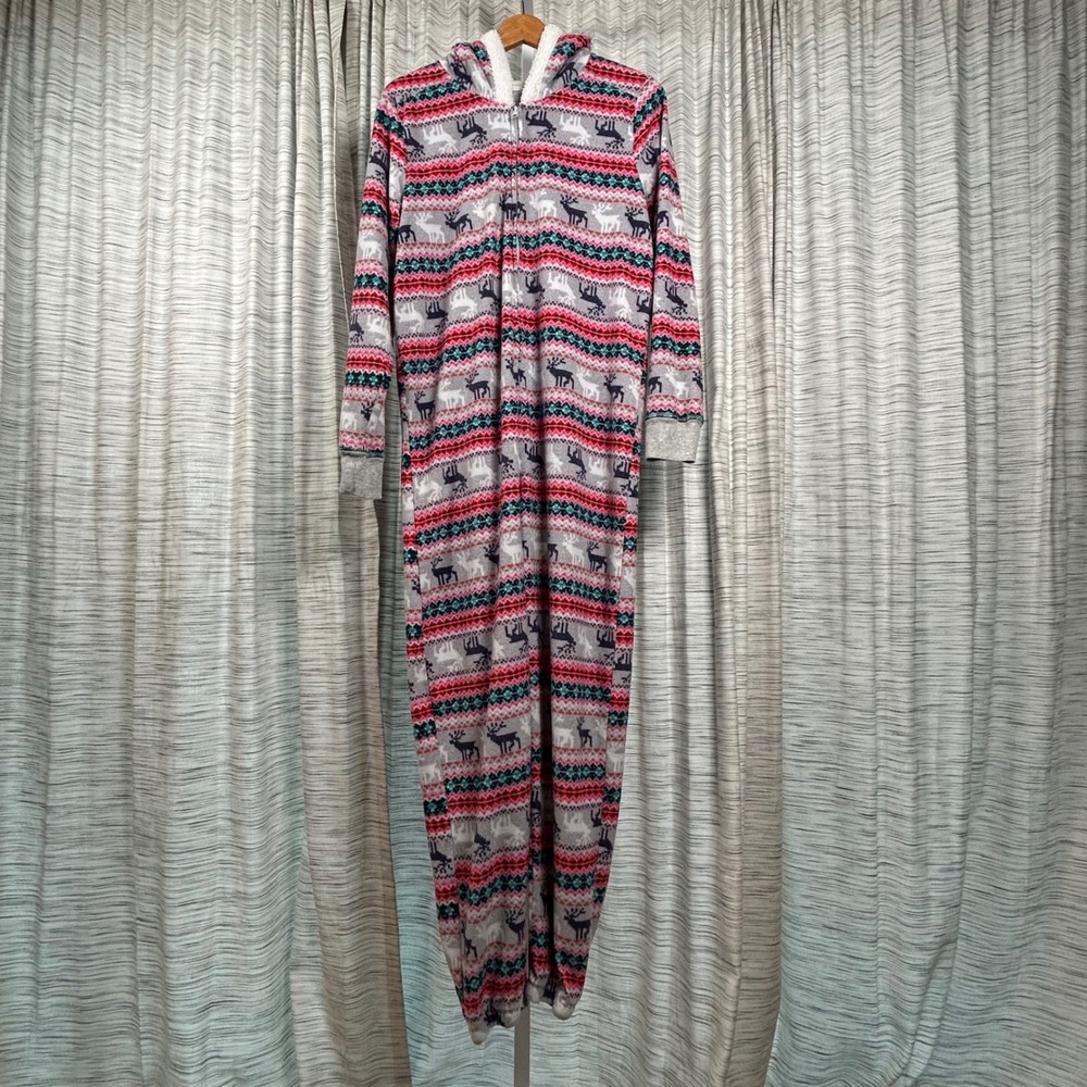 Jane and Bleecker L Christmas Reindeer Hooded One Piece Pajamas Onesie Large EUC